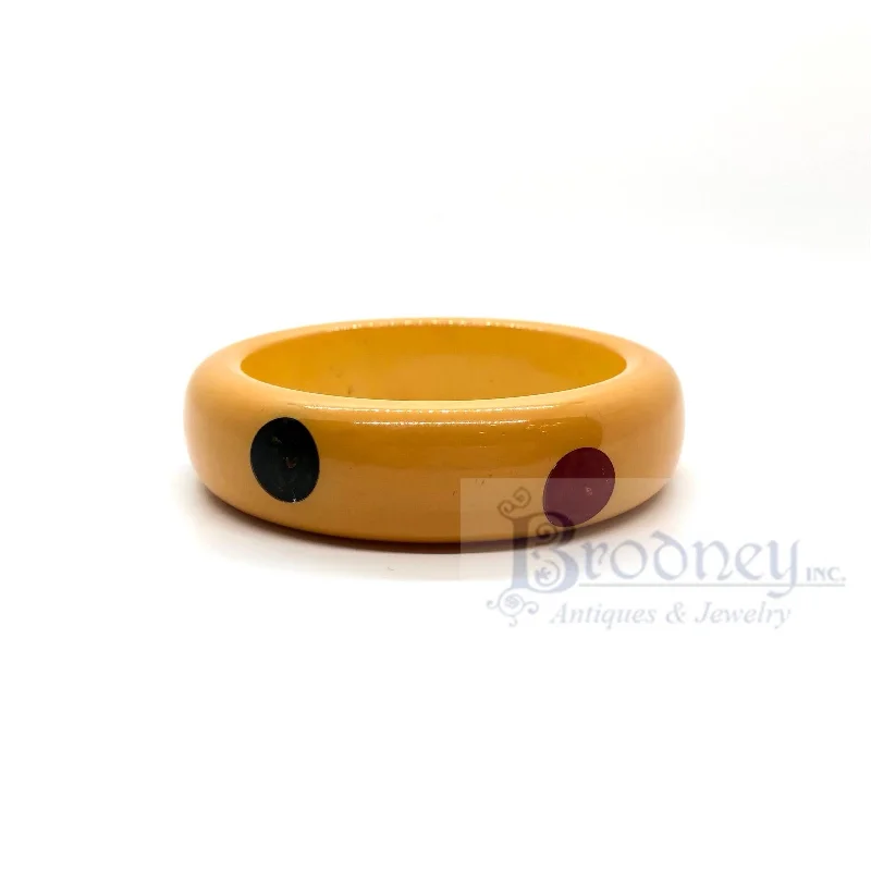 Vintage Butterscotch Bakelite Bangle Bracelet with Black and Cherry Dots